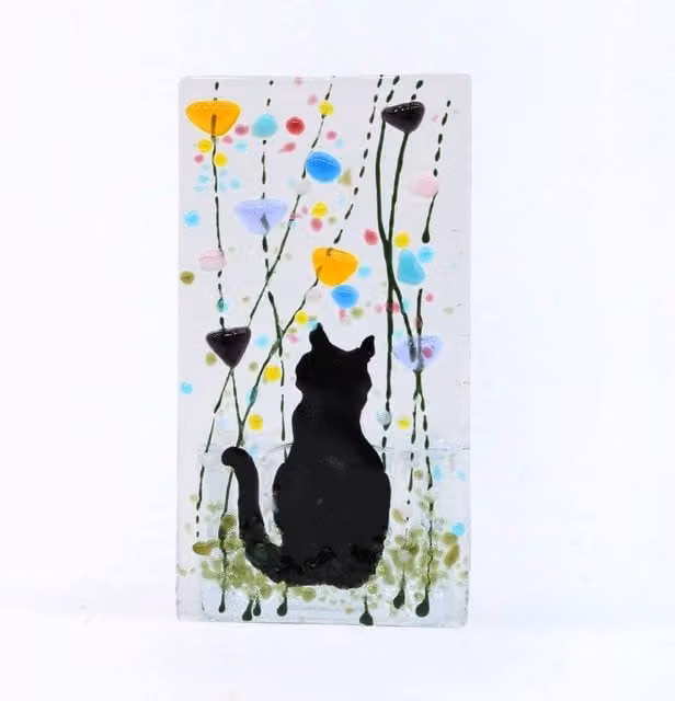 Sienna Glass Handmade Fused Glass Cat Tea Light Holder in Multicolour Summer Meadow Floral Design