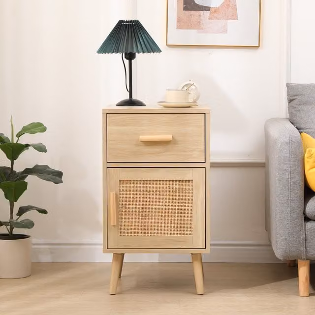 HMD Mid Century Side Table with 1 Door and 1 Drawer in Black MDF and Rattan