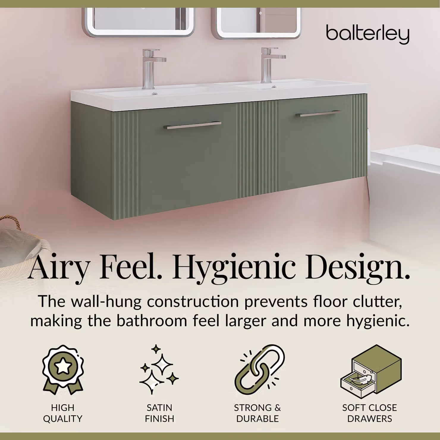 Balterley Wall Hung 2 Drawer Vanity Unit with 2 Polymarble Basins, Satin Green, W: 120 cm – 2