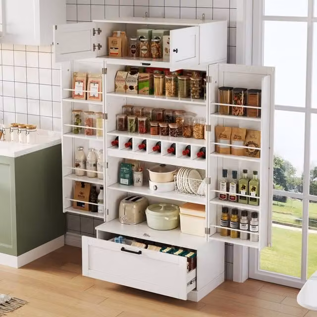Matteo White Tall Kitchen Storage Cabinet with Hinged Doors, Internal Shelves and Bottle Rack – 1