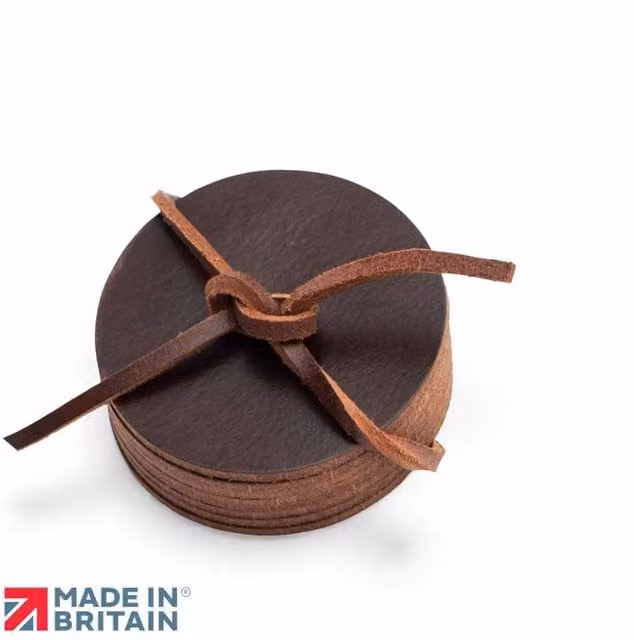 PRIMEHIDE Set of Eight Round Leather Coasters in Brown