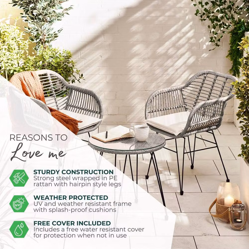 FurnitureboxUK Belize 2 Seat Outdoor Garden Bistro Set with Grey Polyrattan and Black Metal Legs – 5