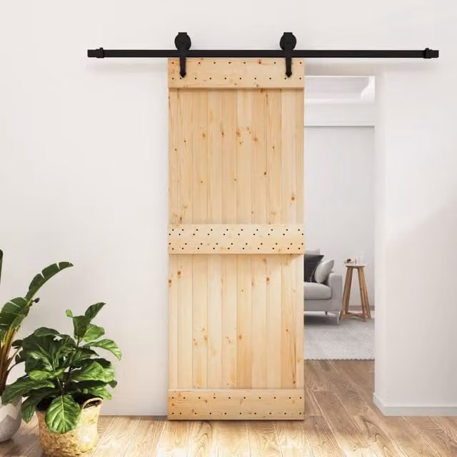 Berkfield Home Modern Sliding Door with Hardware Set, Solid Wood Pine, Brown, W: 80 cm, H: 210 cm – 1