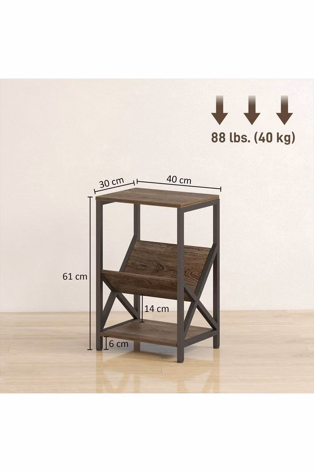 ERGOVEXA Narrow Side Table with 3-Tier Storage, Oak in Brown, W/D/H: 40 x 30 x 61 cm – 2