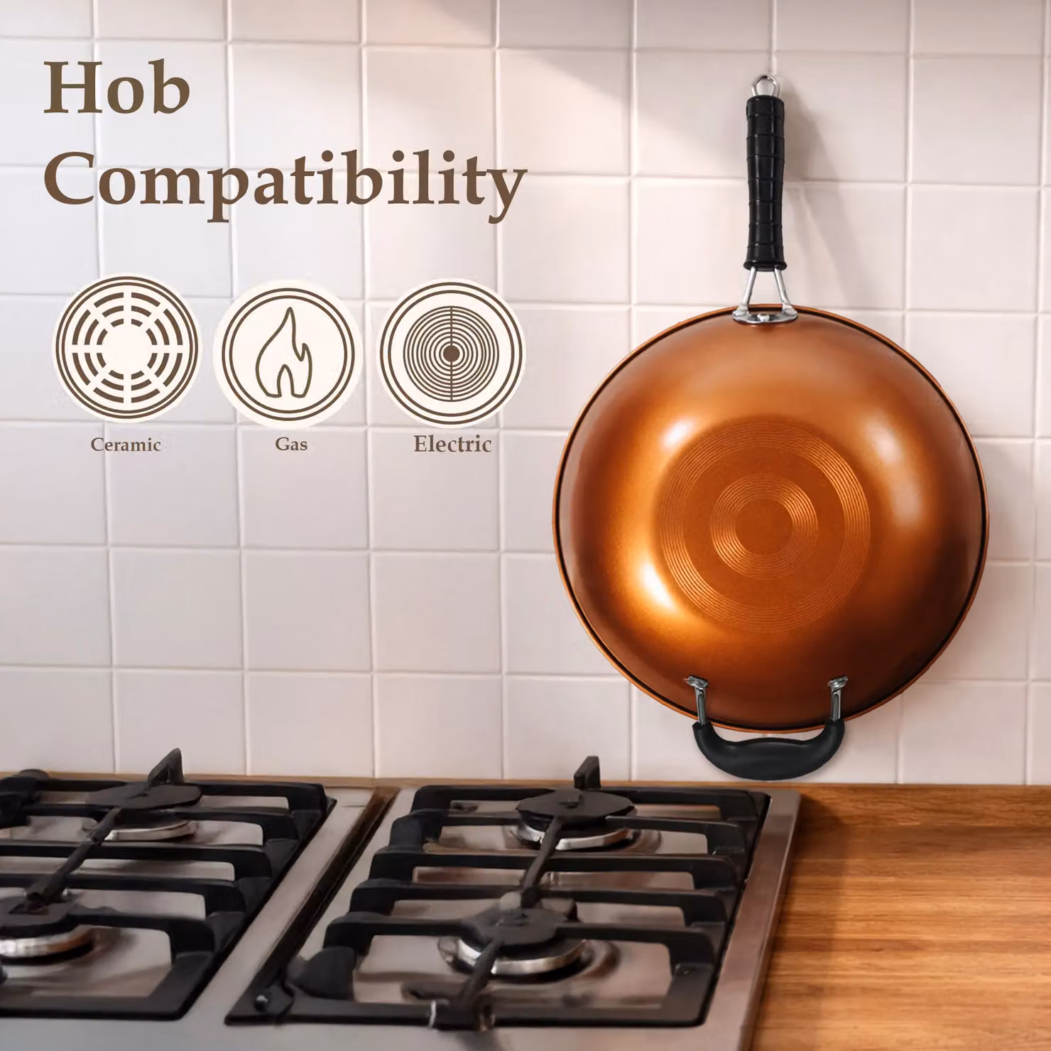 Carter & Clay Copper Finish Non Stick Carbon Steel Wok with Dual Helper Handle, 30cm – 3