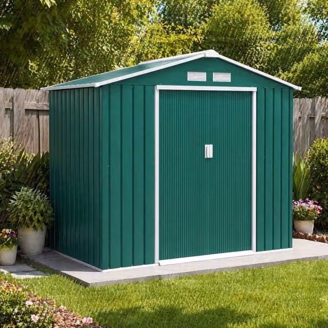 STILVORA Green Galvanised Steel Garden Shed with Sliding Double Doors, Side Vents and Gable Roof, H: 185 cm, W: 130 cm – 1