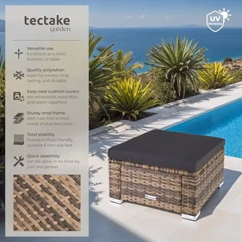 tectake Bitonto Footstool in Brown and Beige with Rattan and Metal Construction – 4