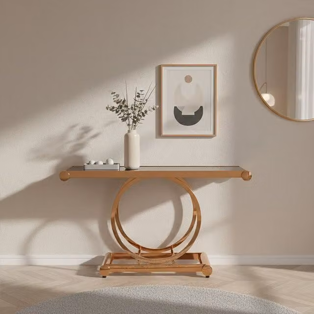 Orsina Modern Rose Gold and Black Glass Console Table, W/D/H: 140 x 40 x 78 cm – 1