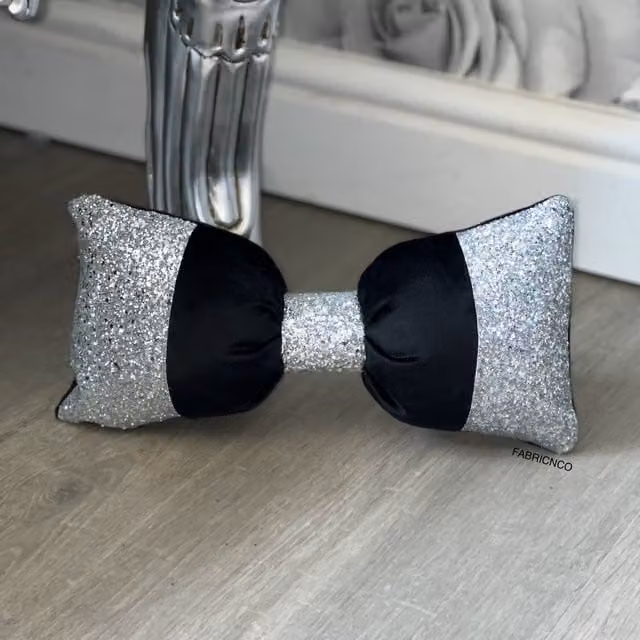 FABRICNCO Black and Silver Plush Velvet Bow Cushion