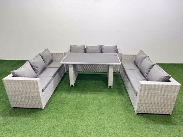Fimous Modern U-Shape Garden Furniture Set with 3-Seater Sofa, 2-Seater Sofa, Coffee Table and 2 Side Tables in Light Grey