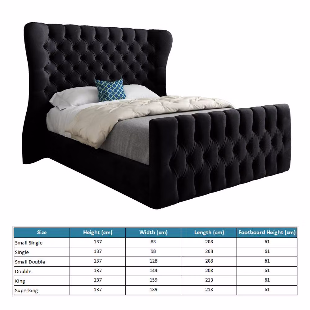 Casani Reydon Upholstered Velvet Designer Bed Frame in Black, W/D/H: 90 x 200 cm – 6