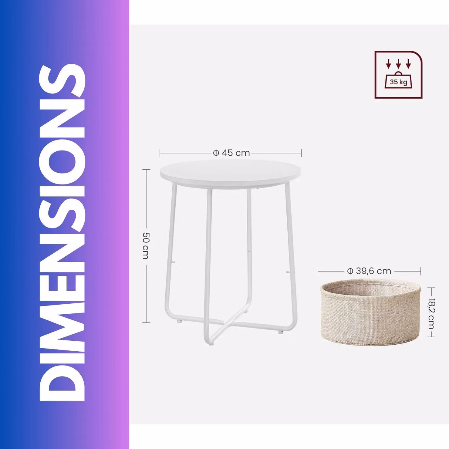 FURNOS Side Table with Removable and Washable Storage Basket in Beige, W/D/H: 45 x 45 x 50 cm – 2