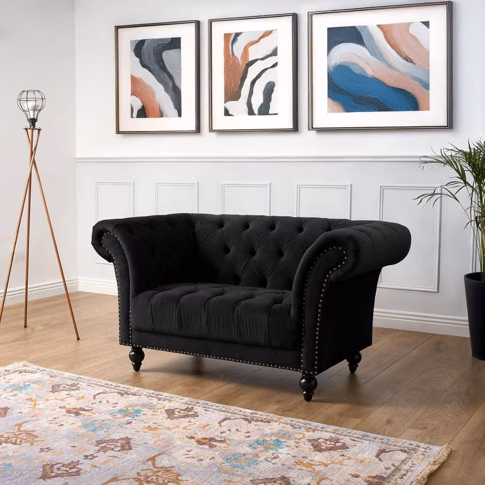 Bravich LTD Chesterfield 1 Seater Velvet Sofa in Black with Buttoned Back and Rolled Arms – 4
