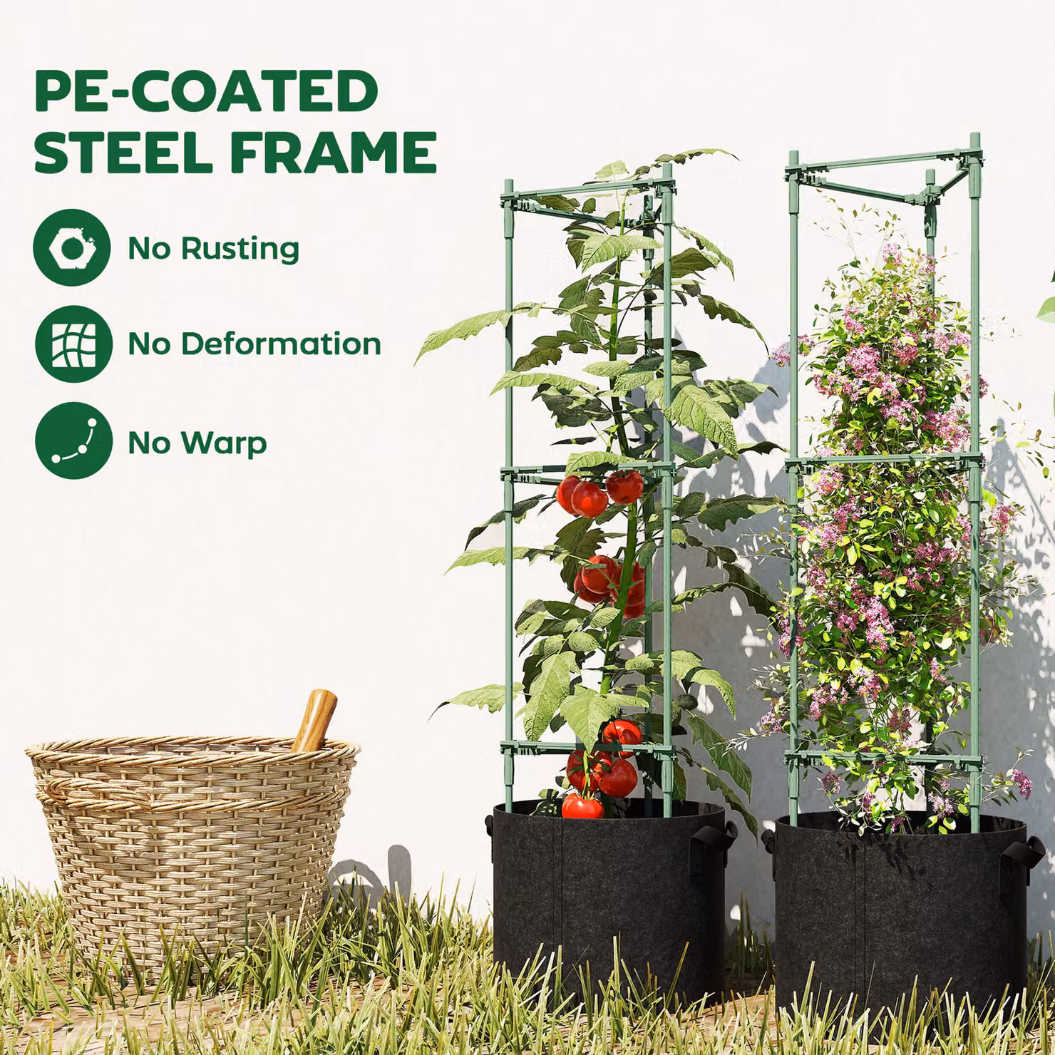 Outsunny 3 Pack Tomato Cages with 83.7L Grow Bags and 120cm Adjustable Triangle Plant Stakes Support Trellis – 6