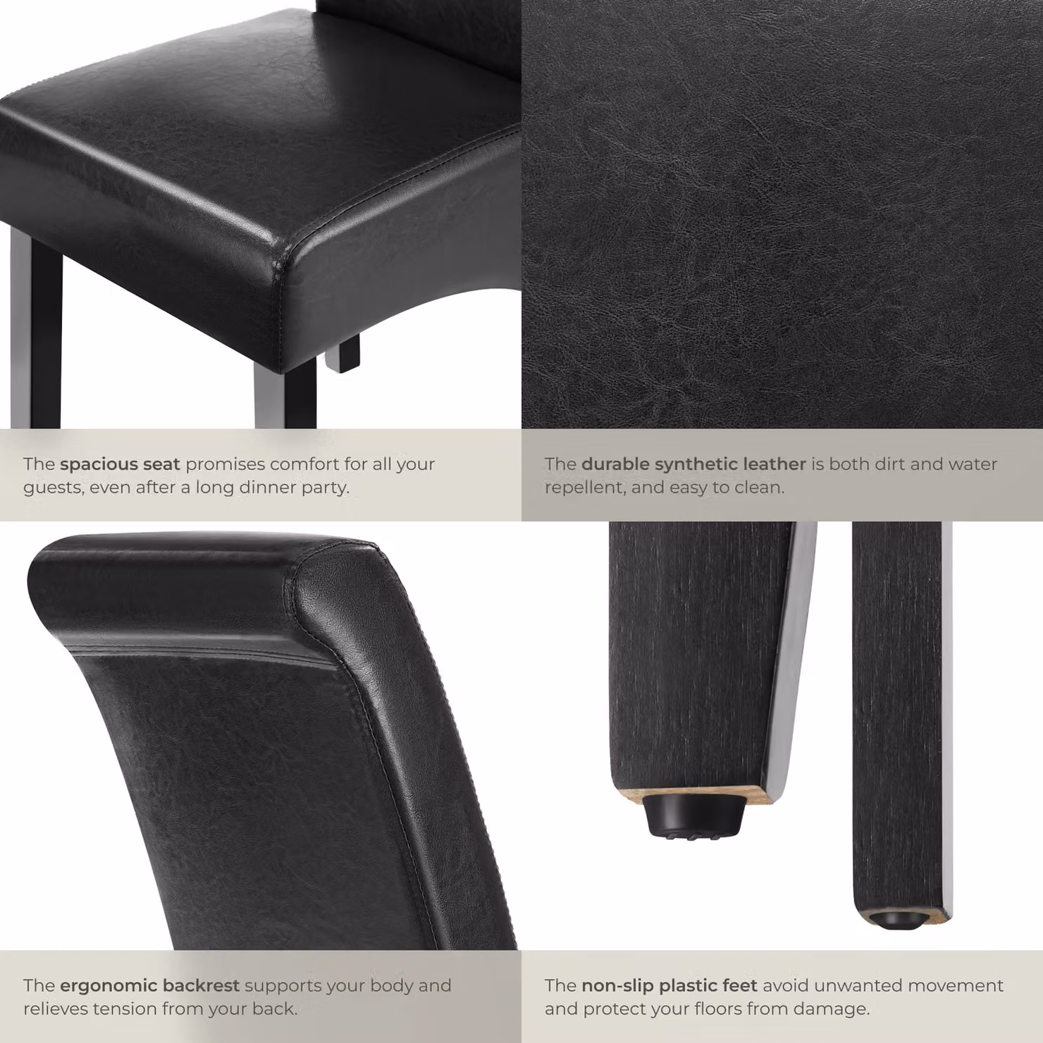 tectake Set of 2 Modern Dining Chairs in Black Synthetic Leather and Wood – 5