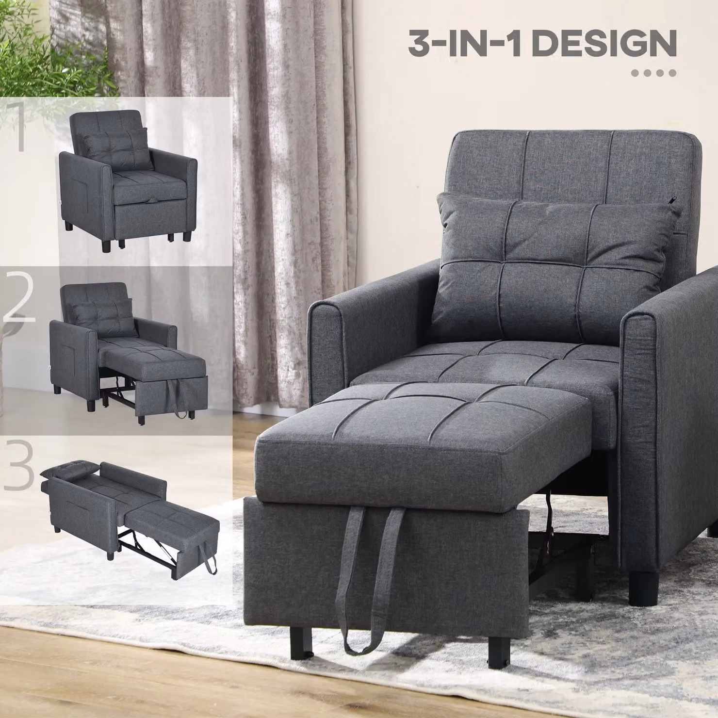 HOMCOM 3-in-1 Linen-Look Single Chair Bed with Adjustable Back and Eucalyptus Wood Frame in Grey – 6