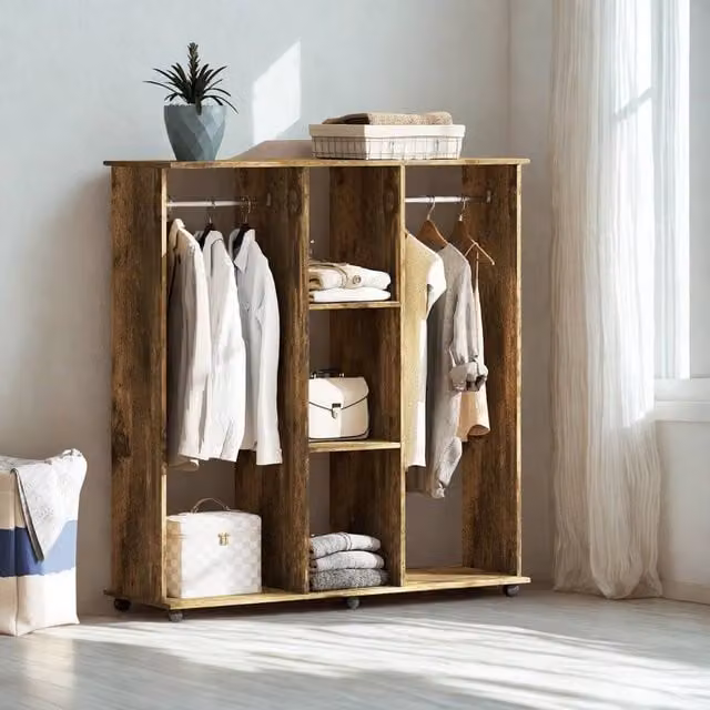 FURNOS Open Wardrobe Clothes Rail with Storage Shelves on Wheels, Rustic Brown, W/D/H: 128 x 40 x 30 cm