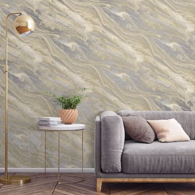 Grandeco Paul Moneypenny Neutral Grey and Yellow Metallic Italian Marble Abstract Wallpaper