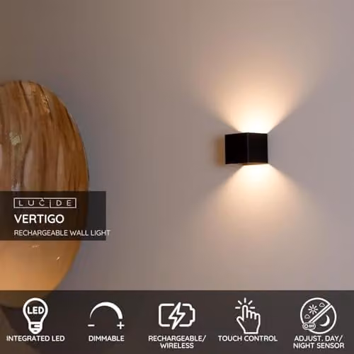 Lucide Vertigo Dimmable LED Outdoor Wall Light, Black, IP54 Modern Garden and Terrace Fixture