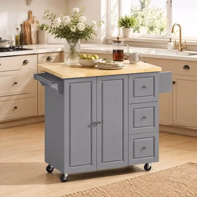 STILVORA Grey Modern Kitchen Island with Drop Leaf and 3 Drawers in Rubberwood and MDF