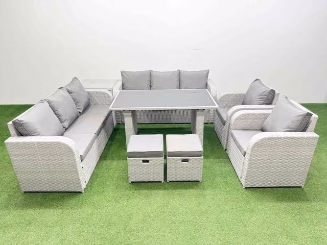 Fimous 10 Seater PE Rattan Outdoor Reclining Furniture Set in Light Grey
