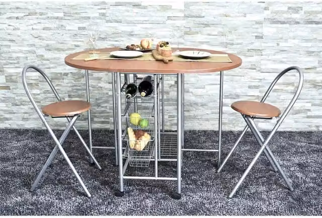 EONLION Brown Oak Foldable Round Dining Table and Chairs Set for Kitchen and Living Room