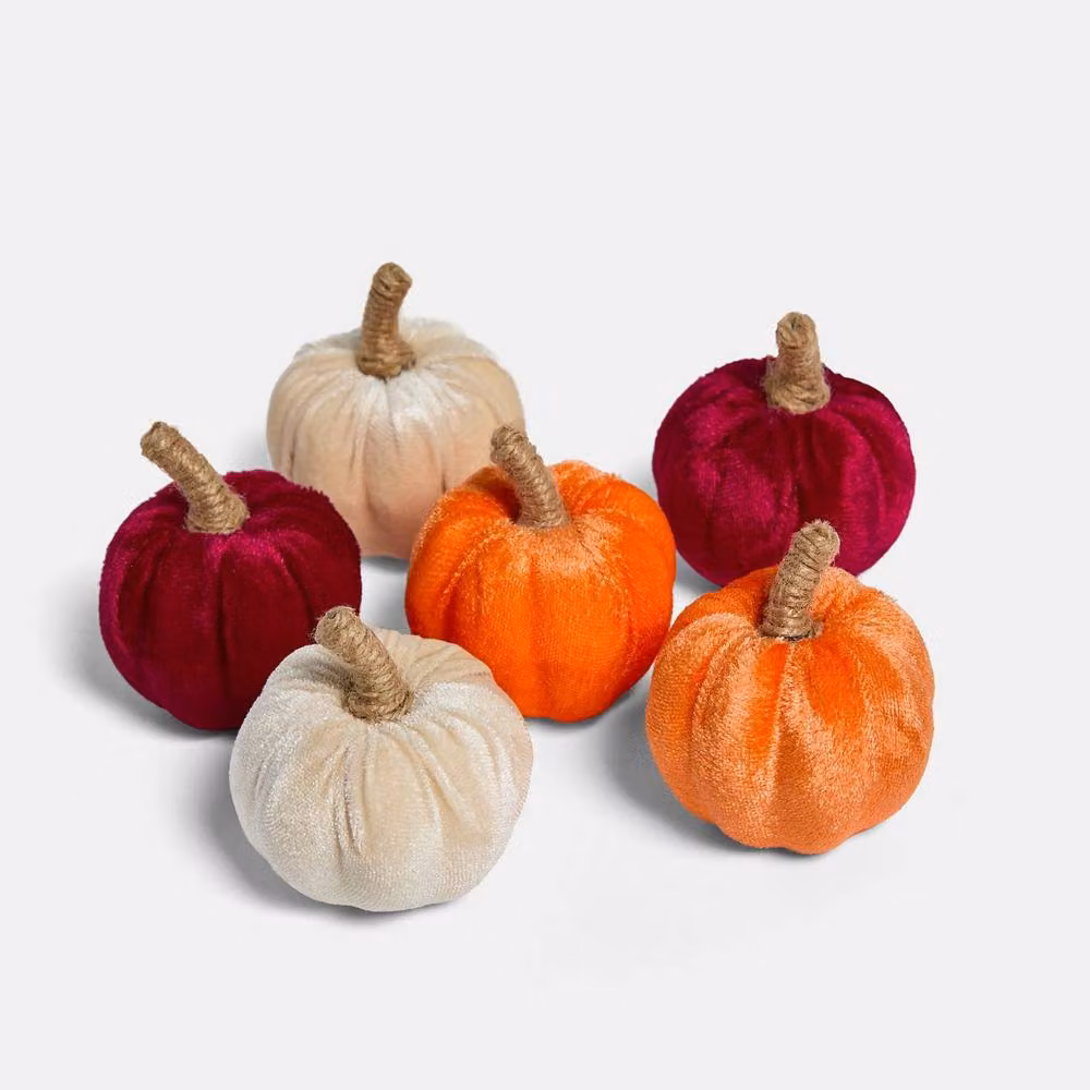OHS 6 Pack Mini Autumn Velvet Pumpkin Tabletop Decor in Orange, Pink and Beige – 3