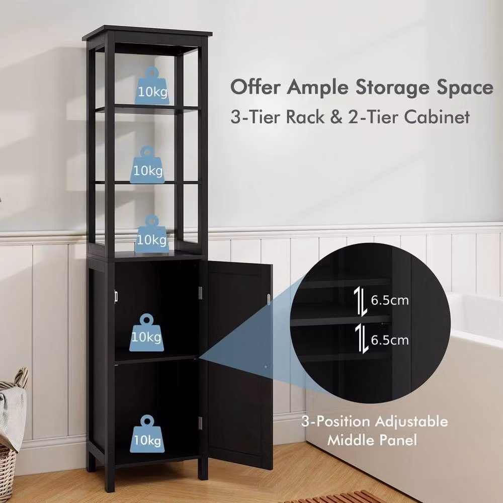 FORGEVIO Modern Slim Bathroom Floor Cabinet with 3 Open Shelves in Matt Black – 3