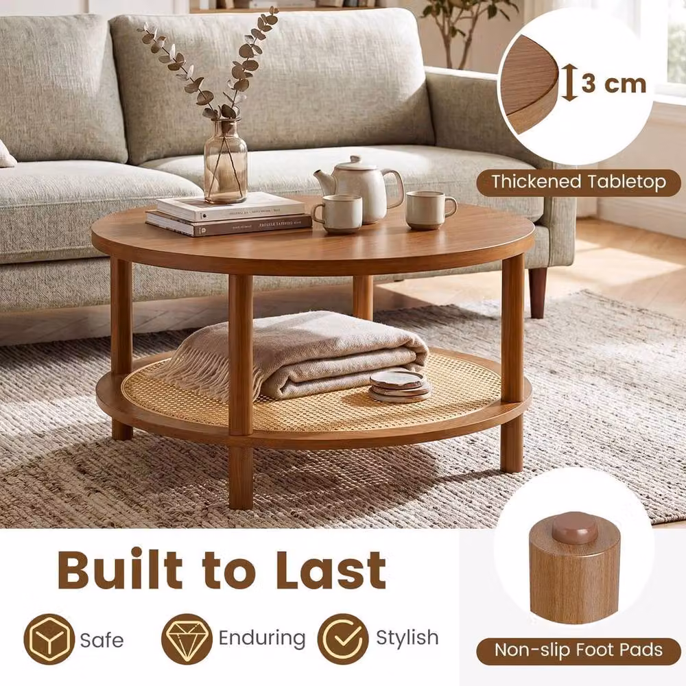 KORVIXA 2-Tier Round Rattan and Rubberwood Coffee Table in Brown, W/D: 100 x 100 cm – 4