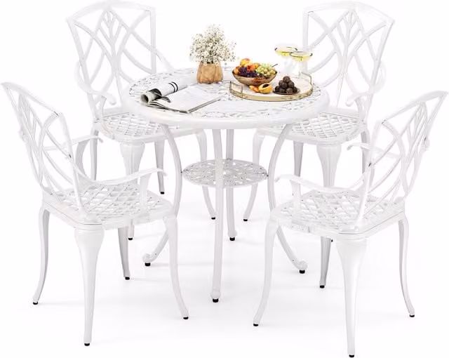 COSTWAY White Vintage Round Patio Dining Table and Chair Set in Powder Coated Aluminium