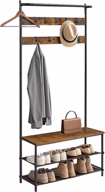 Pirlo Plush Rustic Brown Hall Tree with Bench and Dual Hook and Rail Matrix