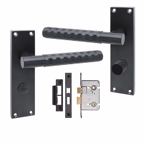 Golden Grace Knurled Long Backplate Bathroom Handle Set with Mortise Lock in Matt Black – 1