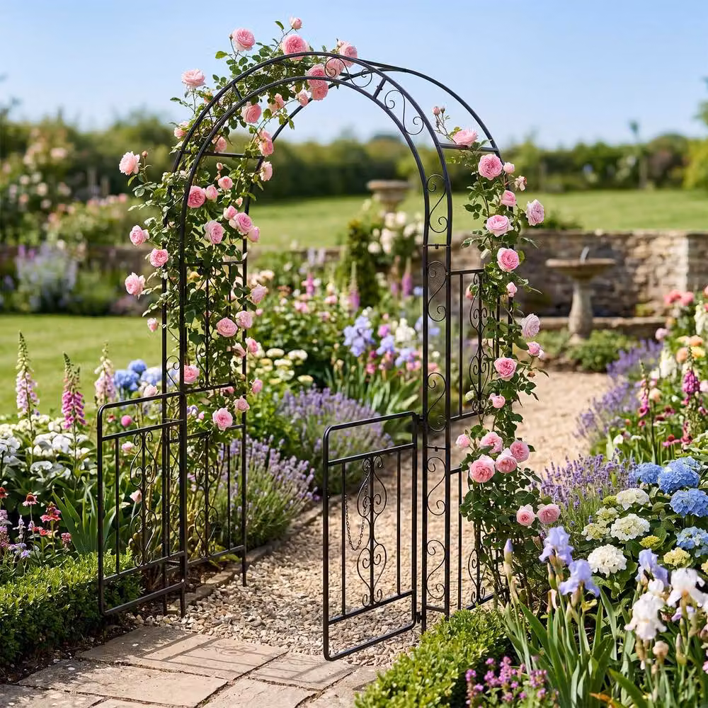 Gymax Metal Garden Archway Arbour with Lockable Doors and Plant Trellis, Black, H 213.0 x W 135.0 x D 60.0 cm – 2