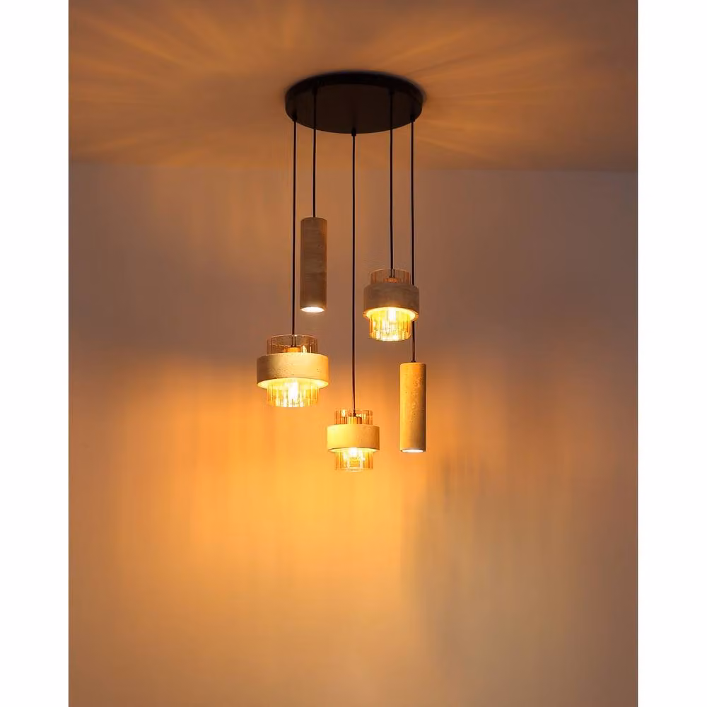 Netlighting Daren Cluster Pendant Light in Matt Black and Gold with Amber Glass Shades, Height Adjustable – 3