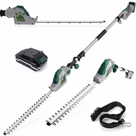 Gracious Gardens 18V 2.4m Telescopic Cordless Reciprocating Hedge Trimmer and Long Reach Pole Cutter in Green with Battery and Charger