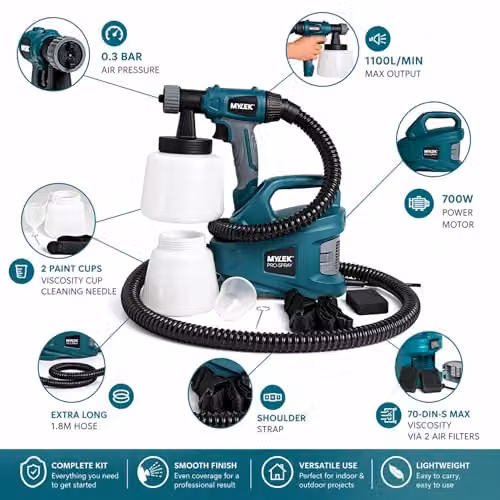 Mylek PRO-Spray 700W Electric Paint Sprayer Gun Kit with Adjustable Spray Pattern and Variable Flow, Green – 5