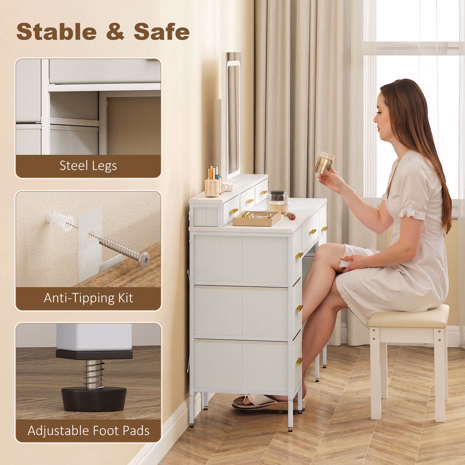 HOMCOM Elegant Multi-Storage Dressing Table with LED Mirror in White and Gold – 3
