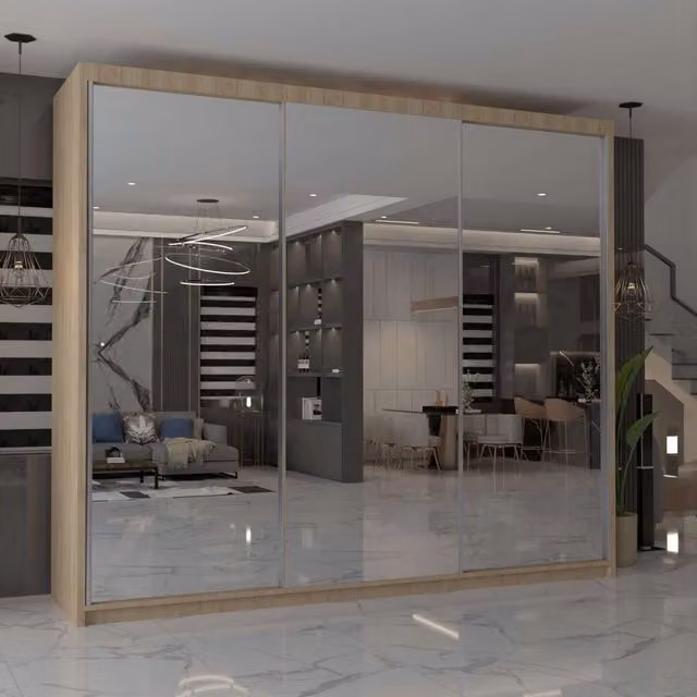 MN Furniture Cuba Sliding Mirror Wardrobe with LED Lighting and Integrated Drawers in Mixed Colours, W: 250 cm, H: 217 cm – 1