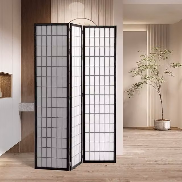 Livingandhome Japanese Geometric Folding Wooden Room Divider in Black, Height: 130 cm