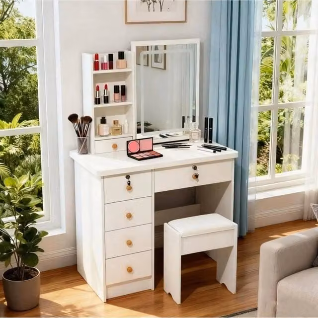 FORGEVIO Modern White Glossy Dressing Table with Mirror – 1