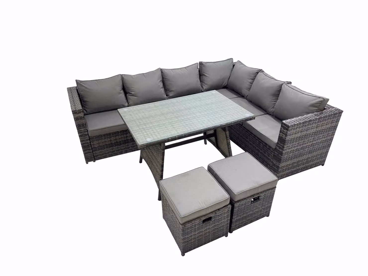 Fimous 8 Seater Rattan Garden Outdoor Corner Sofa Set with Rectangular Dining Table and Small Footstools in Grey – 2