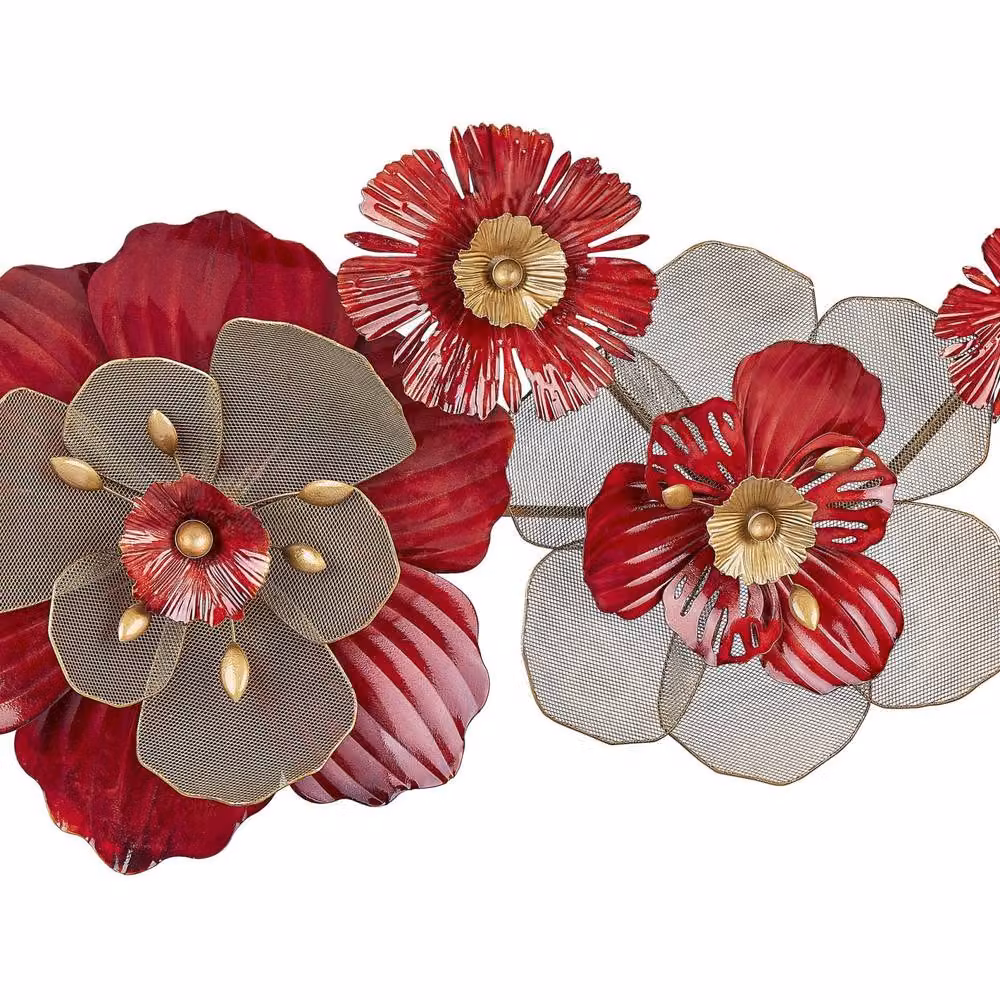 Wyld and Coco Red and Gold Geometric Metal Floral Wall Art Sculpture – 2