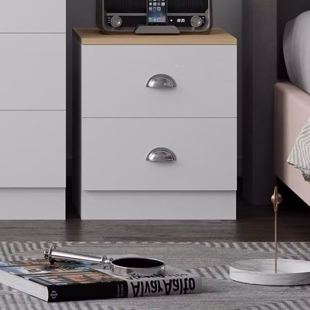 FWStyle Esher 2 Drawer Bedside Table with Oak Top in White