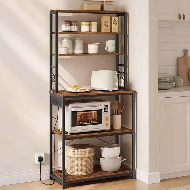 The Bazaarist Industrial Bakers Rack and Coffee Station with Power Outlet and 6 Hooks, Brown and Black – 1