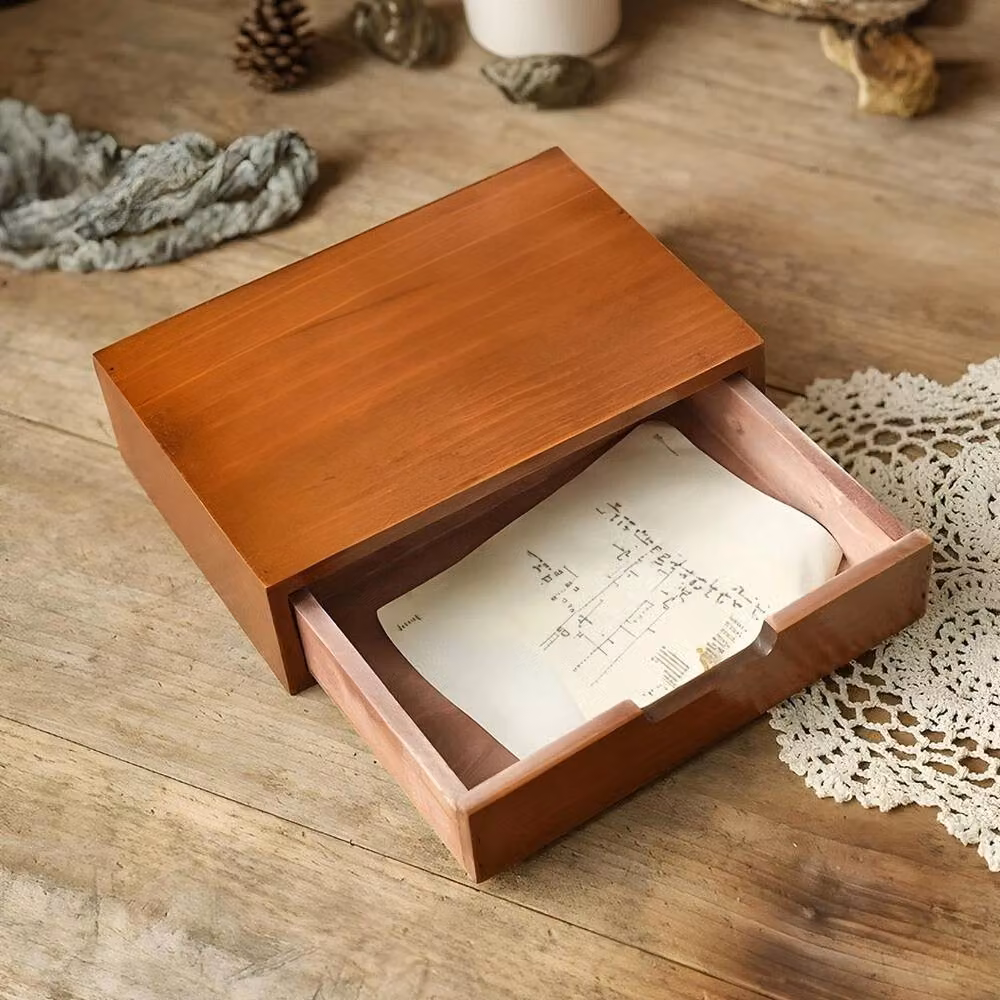 KORVIXA Retro Wooden 1-Drawer Desktop Storage Chest Organizer Box in Brown, W: 60 cm, D: 60 cm – 4