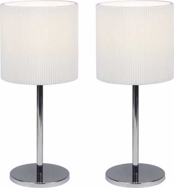 First Choice Lighting Set of 2 Chrome Stick Table Lamps with White Fabric Shades – 1