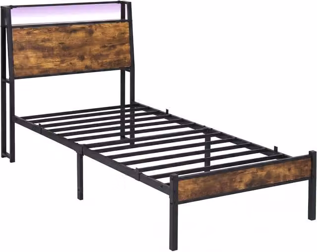 Levede Modern Single Bed Frame with USB Charging Port, LED Under-Bed Lighting and Side Compartments, Brown and Black, W/D/H: 90 x 190 x 98 cm