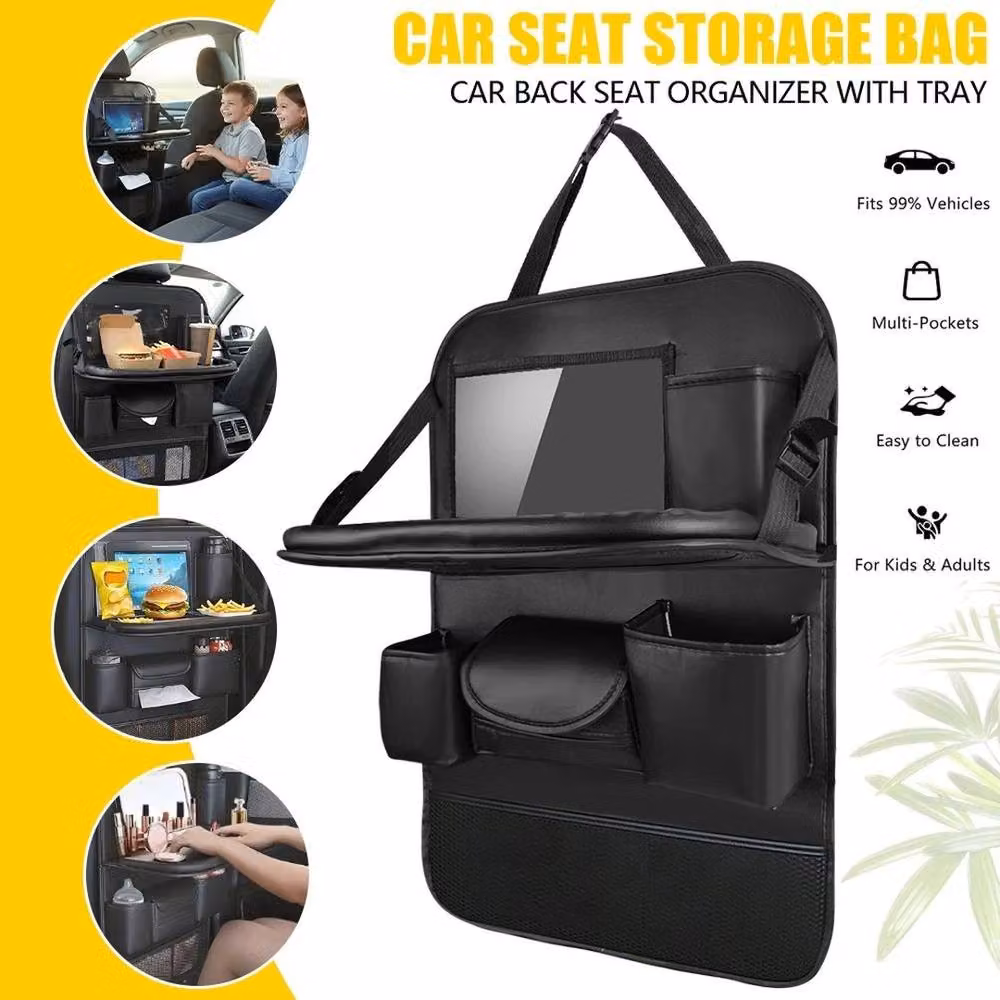 FLAVORA Black PU Leather Car Seat Organiser with Foldable Tray and Multi-Pocket Design – 5