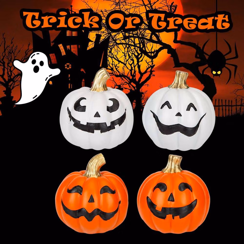VFM e-Store Halloween Happy Face Pumpkins Tabletop Decoration, 4 Pack, Orange and White – 3