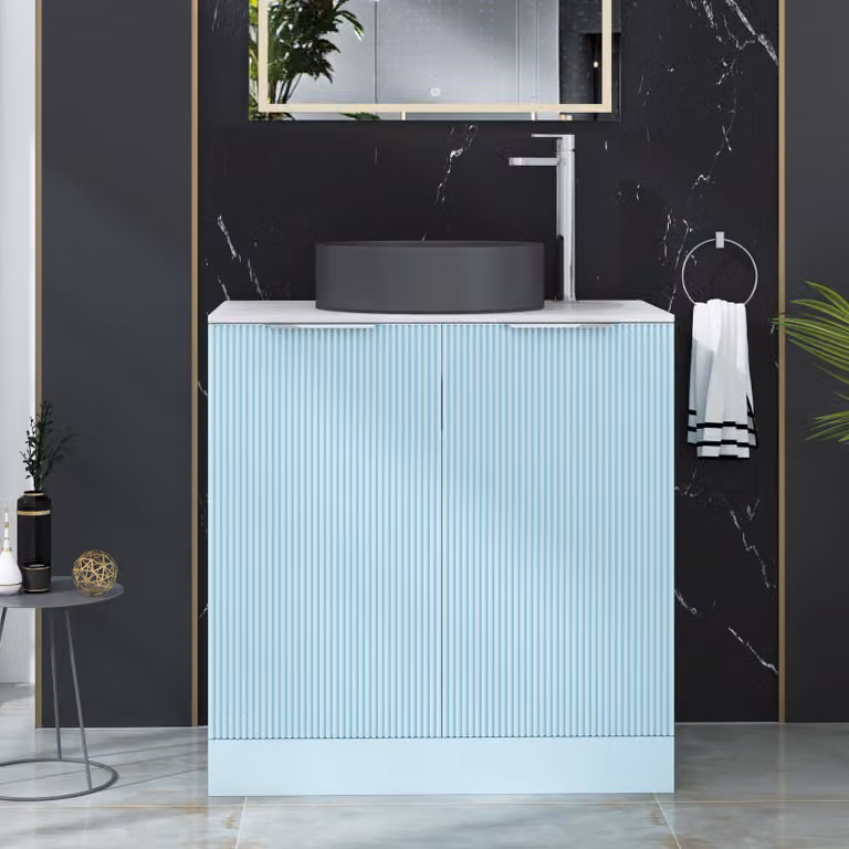 Royal Bathrooms Evora 800mm Powder Blue Fluted Floor Standing Countertop Vanity Unit with 2 Soft Close Doors and Art Deco Round Basin